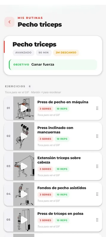 Detalle de una rutina de entrenamiento de BoniFit