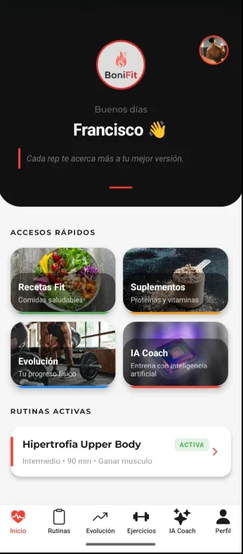 Pantalla de inicio de BoniFit