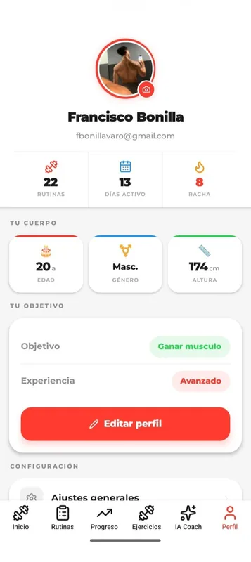Pantalla de perfil de usuario de BoniFit